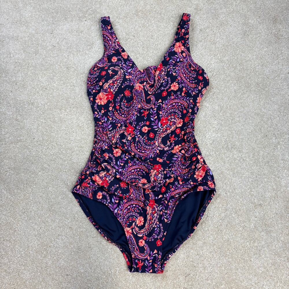 NWT Lands' End Grecian One-Piece Slendersuit Swimsuit Purple Paisley Size S